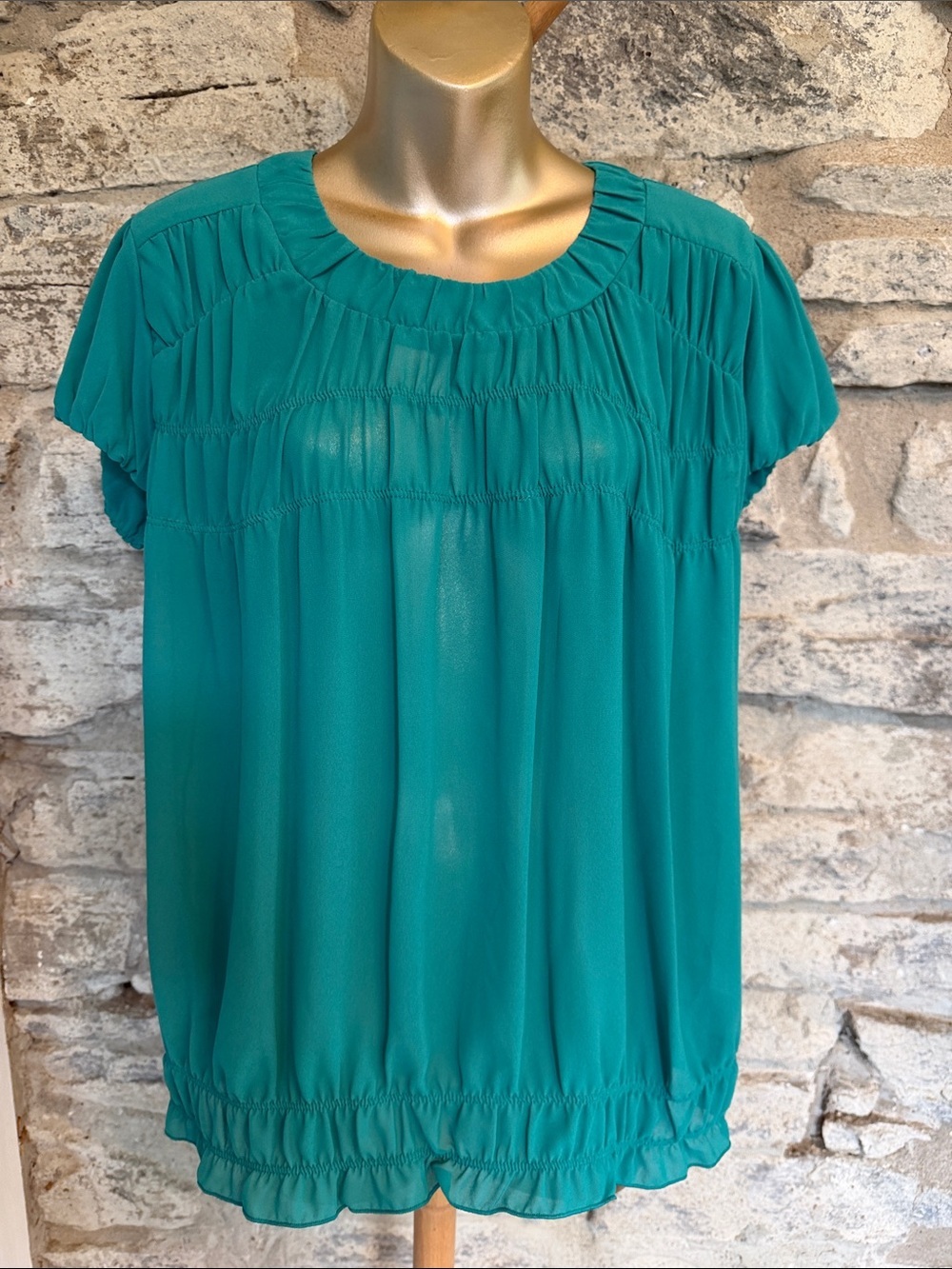 Teal Short-Sleeve Blouse - Gathered Yoke